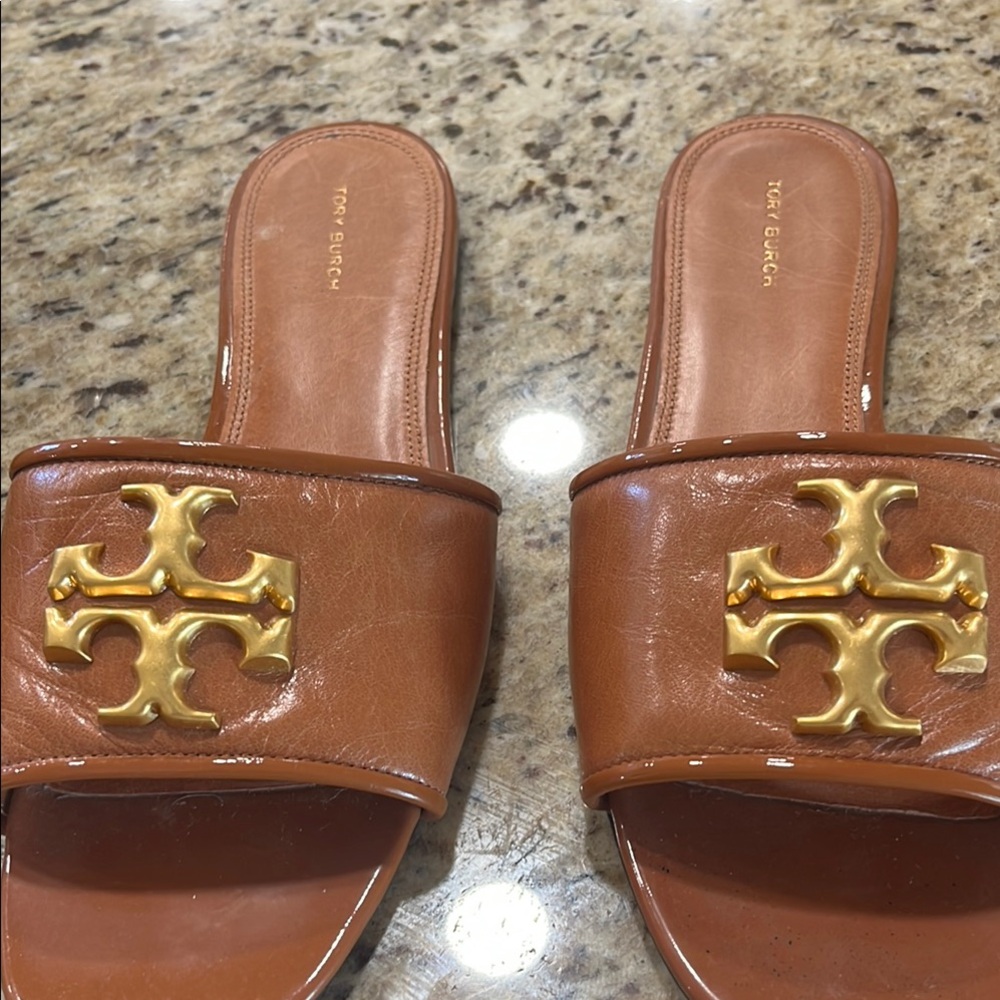 Tory Burch Tan Slides with Gold Emblem